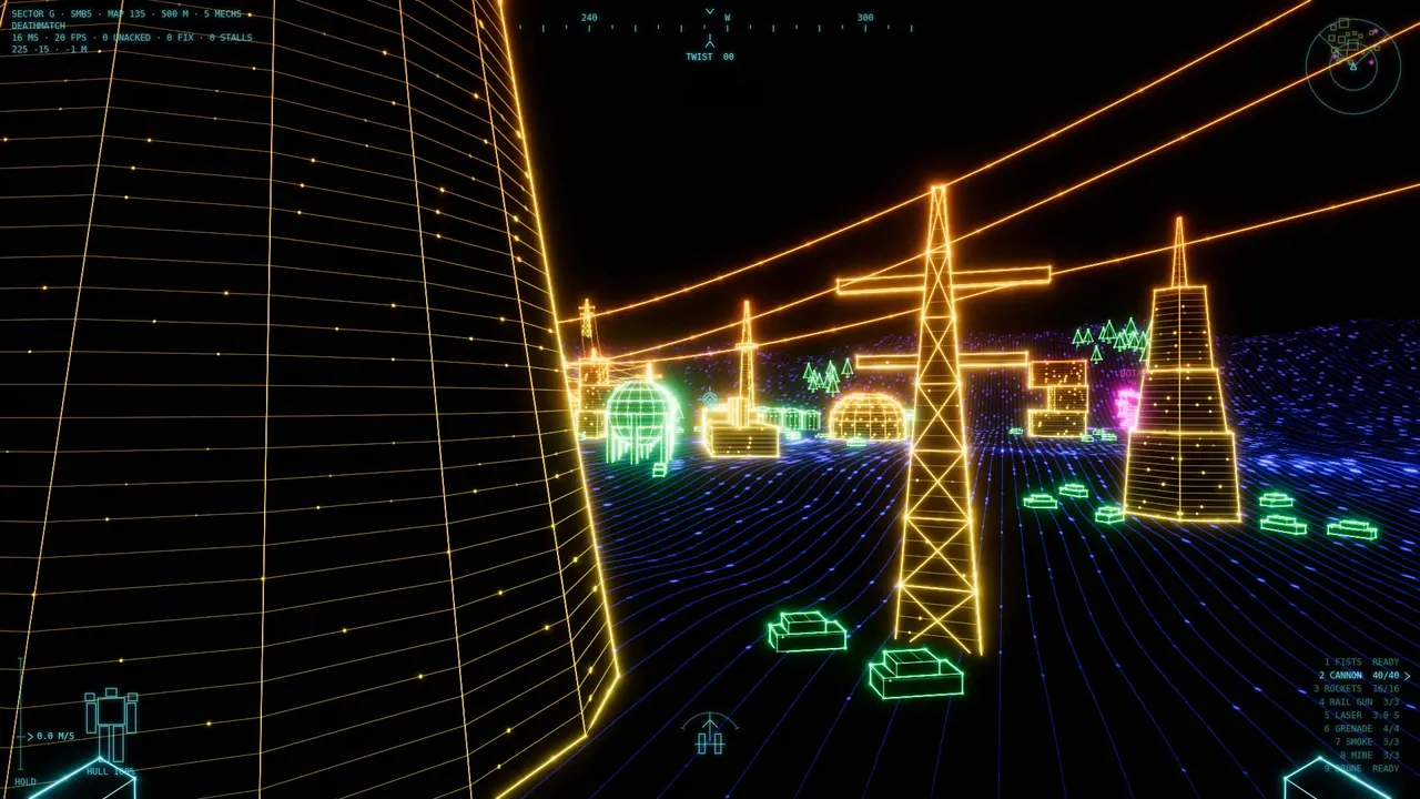 The view from a mech's head: a cooling tower, a transmission tower, and the colony beyond, with the HUD