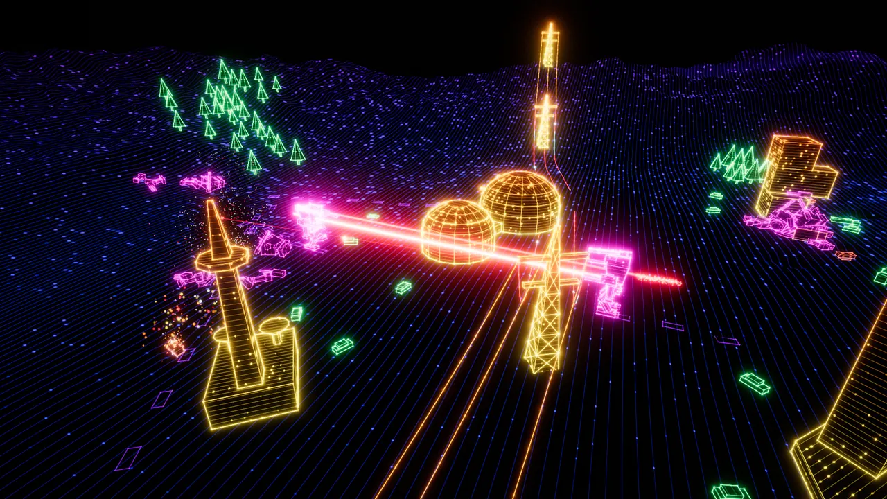 A beam crosses the colony past a spire and its domes