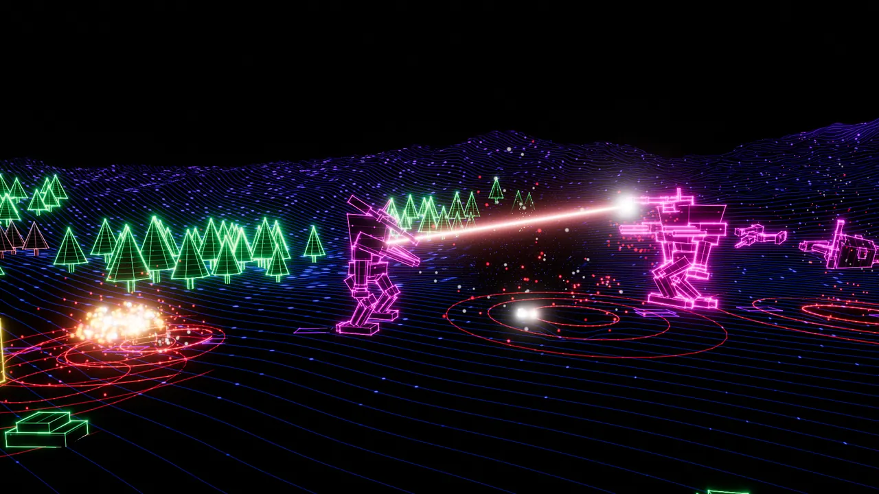 Two mechs duel across open ground, a beam between them