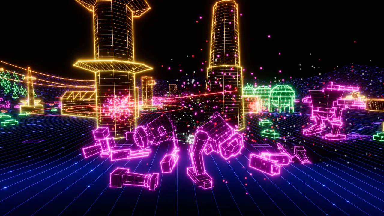 A destroyed mech lies in pieces between two colony towers